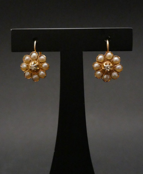 Dormeuses Anciennes Diamant Et Perles Fines.