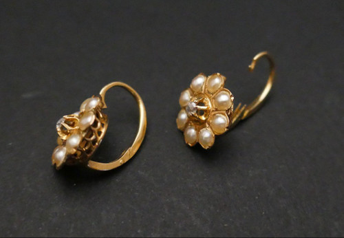 Dormeuses Anciennes Diamant Et Perles Fines.