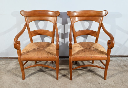 Paire de Fauteuils de Propriété en Merisier Massif, époque Restauration – 1ère Partie XIXe