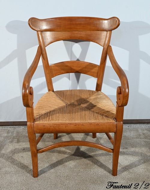 Paire de Fauteuils de Propriété en Merisier Massif, époque Restauration – 1ère Partie XIXe
