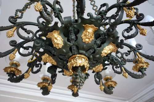 Large Duke's Chandelier In Patinated And Gilded Bronze, Restoration Period - 12 Lights