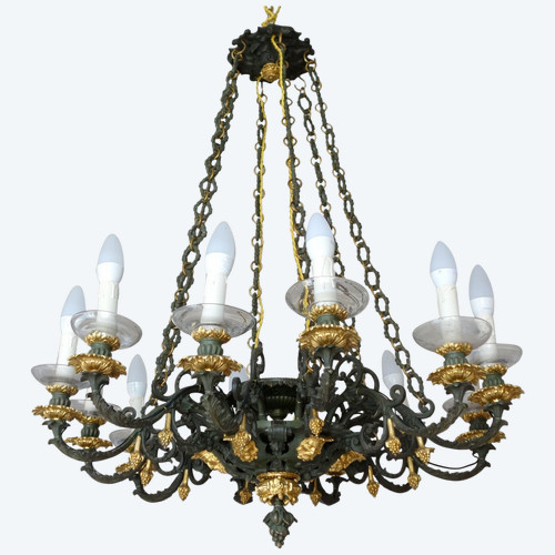 Large Duke's Chandelier In Patinated And Gilded Bronze, Restoration Period - 12 Lights