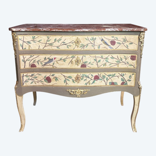 Comò splendidamente decorato con foglie e uccelli, fine del XIX secolo con marmo