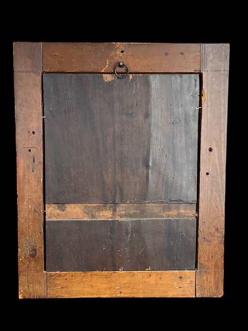 GIAPPONE PERIODO MEIJI 1868 / 1912 PANNELLO IN LEGNO INTARSIATO CON AVORIO/MADREPERLA E LACCATURA BEN CORNICE