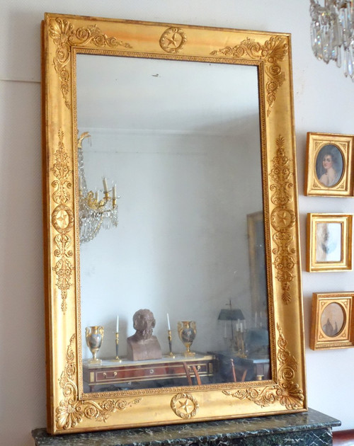 Important Empire Mirror In Golden Wood From The Charles X Period With Mercury Glass - 195x128cm
