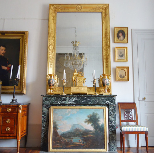 Important Empire Mirror In Golden Wood From The Charles X Period With Mercury Glass - 195x128cm