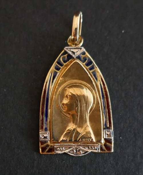 Médaille Art Nouveau Plique à Jour Signée J.holy, Or 18 Carats.