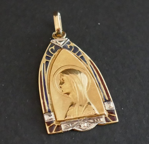 Médaille Art Nouveau Plique à Jour Signée J.holy, Or 18 Carats.