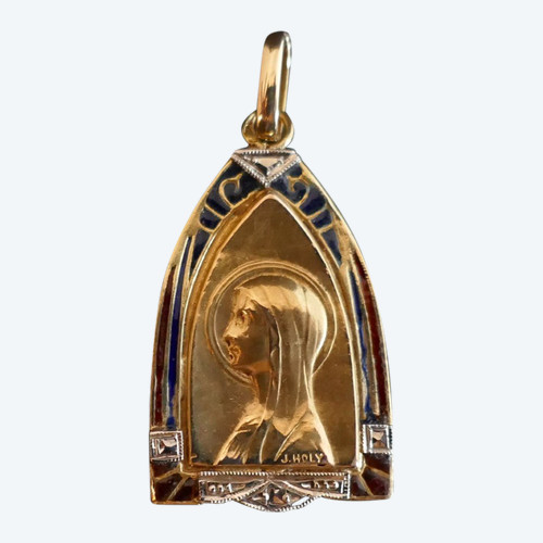 Médaille Art Nouveau Plique à Jour Signée J.holy, Or 18 Carats.