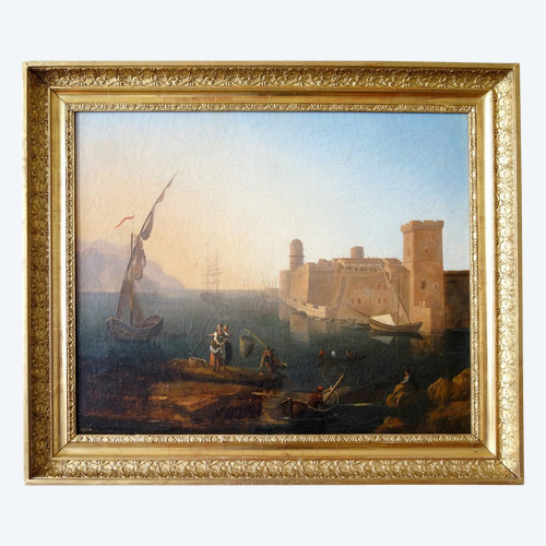 Ecole Française début 19e - grde Marine goût de Lacroix de Marseille - Le Vieux Port & Le Fort Saint Jean - Hst