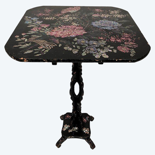 Napoleon III tilting pedestal table, blackened burgundy wood decorated with flowers