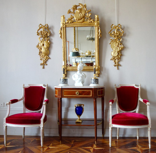Grand Miroir En Bois Doré d'époque Louis XVI, Modèle Provençal, Fronton à Trophée De Musique