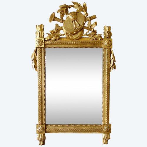 Grand Miroir En Bois Doré d'époque Louis XVI, Modèle Provençal, Fronton à Trophée De Musique