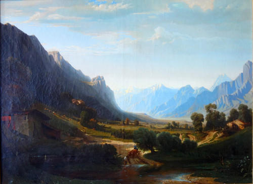 Jules Nicolas Schitz - Grd Paysage De Montagne huile sur toile 147x113cm