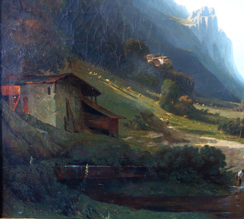 Jules Nicolas Schitz - Grd Paysage De Montagne huile sur toile 147x113cm