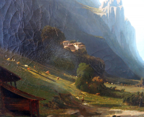 Jules Nicolas Schitz - Grd Paysage De Montagne huile sur toile 147x113cm