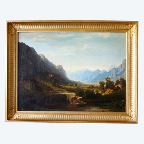 Jules Nicolas Schitz - Grd Paysage De Montagne huile sur toile 147x113cm