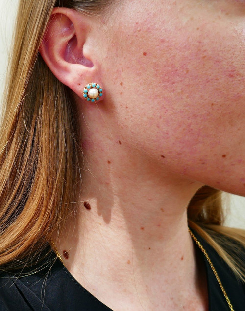 Boucles d'Oreilles Perles Et Turquoises, Or 18 Carats.
