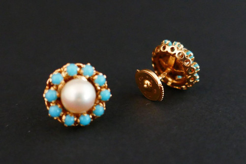 Boucles d'Oreilles Perles Et Turquoises, Or 18 Carats.