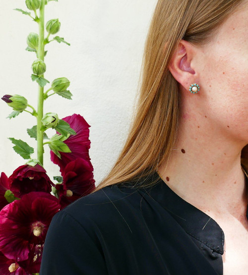 Boucles d'Oreilles Perles Et Turquoises, Or 18 Carats.