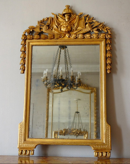 Grand Miroir Aux Attributs d'Hercule - Bois Sculpté Et Doré  - Epoque Louis XVI