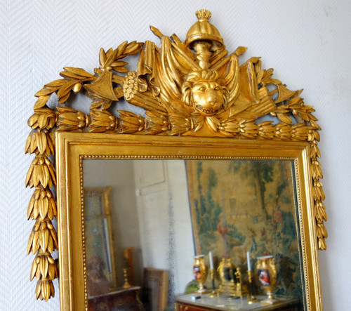 Grand Miroir Aux Attributs d'Hercule - Bois Sculpté Et Doré  - Epoque Louis XVI