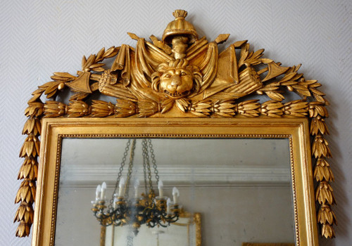 Grand Miroir Aux Attributs d'Hercule - Bois Sculpté Et Doré  - Epoque Louis XVI