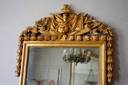 Grand Miroir Aux Attributs d'Hercule - Bois Sculpté Et Doré  - Epoque Louis XVI