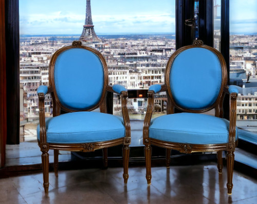 PAIR OF 18th CENTURY ARMCHAIRS FROM LOUIS XVI PERIOD IN CARVED MOLDED/UPPHONED WALNUT