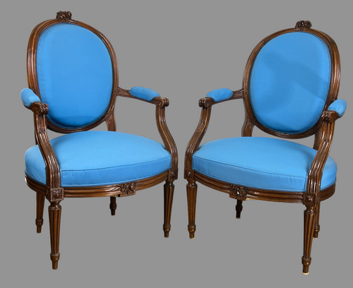 PAIR OF 18th CENTURY ARMCHAIRS FROM LOUIS XVI PERIOD IN CARVED MOLDED/UPPHONED WALNUT