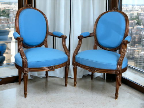 PAIR OF 18th CENTURY ARMCHAIRS FROM LOUIS XVI PERIOD IN CARVED MOLDED/UPPHONED WALNUT