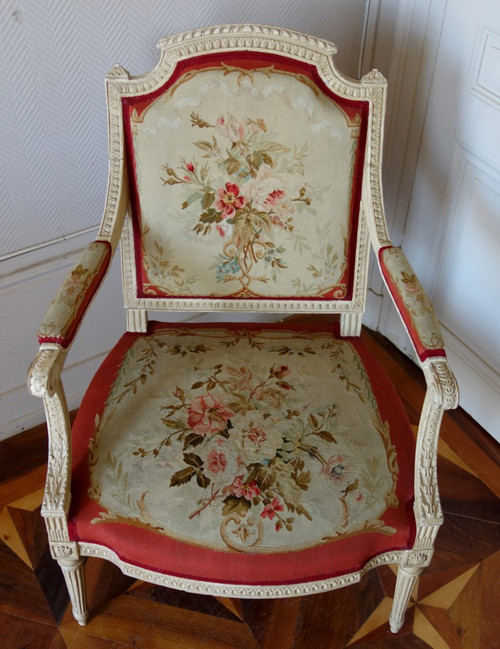 Claude Séné, Fauteuil à La Reine d'époque Louis XVI, Tapisserie De Beauvais & Numéro Inventaire