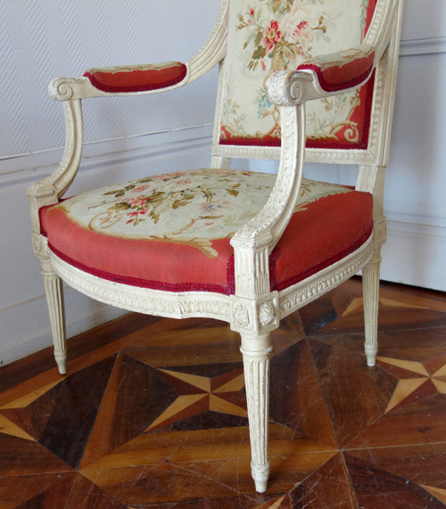 Claude Séné, Fauteuil à La Reine d'époque Louis XVI, Tapisserie De Beauvais & Numéro Inventaire