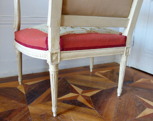 Claude Séné, Fauteuil à La Reine d'époque Louis XVI, Tapisserie De Beauvais & Numéro Inventaire