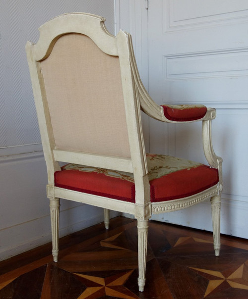Claude Séné, Fauteuil à La Reine d'époque Louis XVI, Tapisserie De Beauvais & Numéro Inventaire