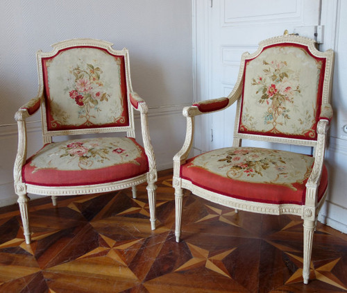 Claude Séné, Fauteuil à La Reine d'époque Louis XVI, Tapisserie De Beauvais & Numéro Inventaire