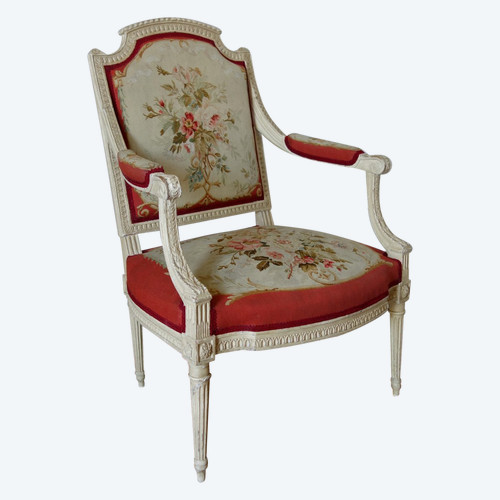 Claude Séné, Fauteuil à La Reine d'époque Louis XVI, Tapisserie De Beauvais & Numéro Inventaire