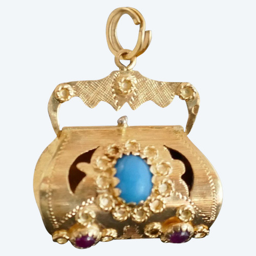 Important Pendentif Breloque Rubis Et Turquoises.