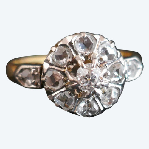 Antique Marguerite Ring Set With An Old Cut Diamond And Rose Cut Diamonds.