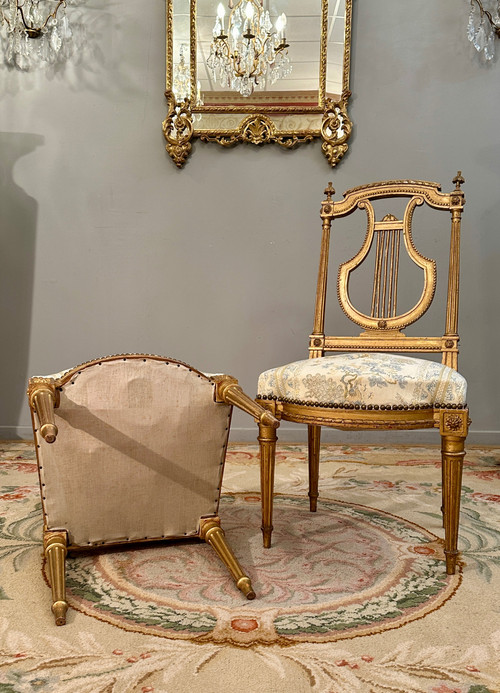Paire De Chaises Lyre En Bois Doré De Style Louis XVI Epoque XIXème