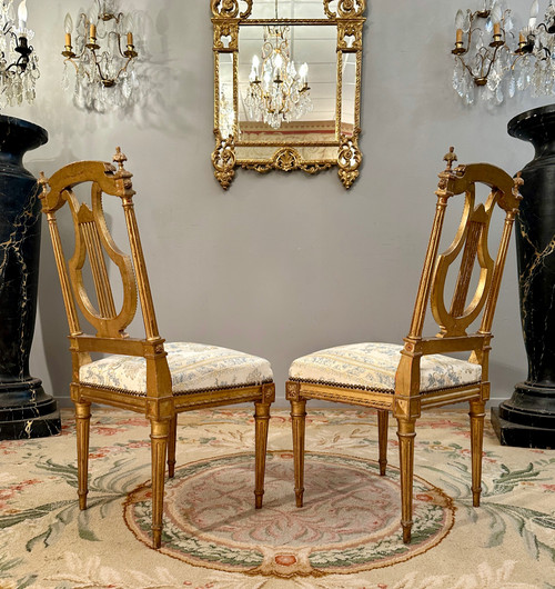 Paire De Chaises Lyre En Bois Doré De Style Louis XVI Epoque XIXème
