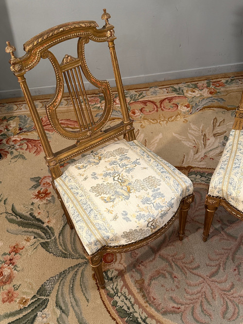 Paire De Chaises Lyre En Bois Doré De Style Louis XVI Epoque XIXème