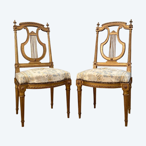 Paire De Chaises Lyre En Bois Doré De Style Louis XVI Epoque XIXème