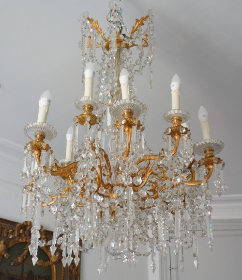 Baccarat - Large Chandelier In Gilt Bronze And Cut Crystal - 12 Lights - Napoleon III Period
