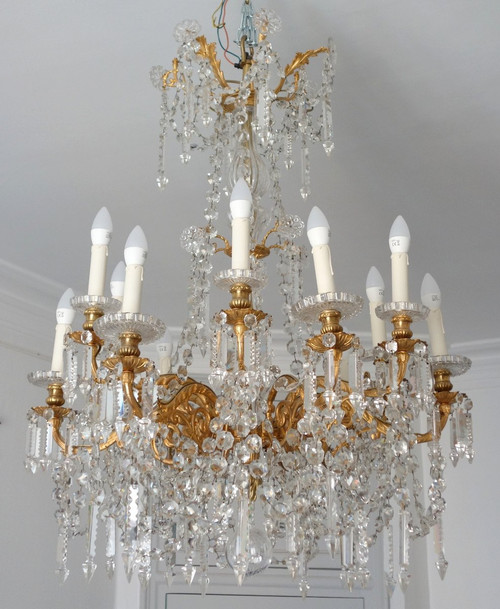 Baccarat - Large Chandelier In Gilt Bronze And Cut Crystal - 12 Lights - Napoleon III Period