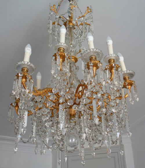 Baccarat - Large Chandelier In Gilt Bronze And Cut Crystal - 12 Lights - Napoleon III Period