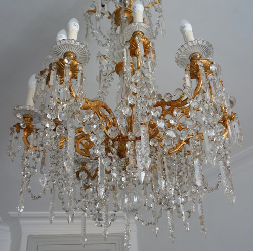 Baccarat - Large Chandelier In Gilt Bronze And Cut Crystal - 12 Lights - Napoleon III Period