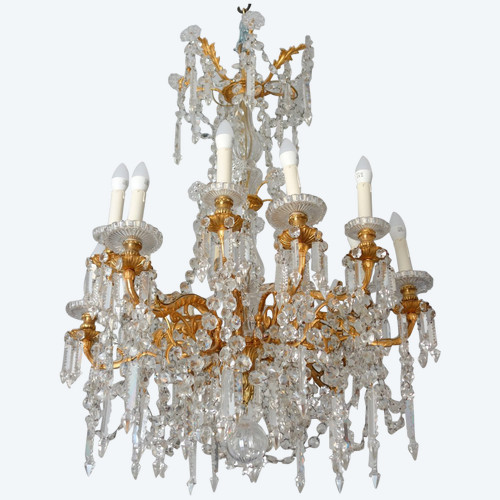 Baccarat - Large Chandelier In Gilt Bronze And Cut Crystal - 12 Lights - Napoleon III Period