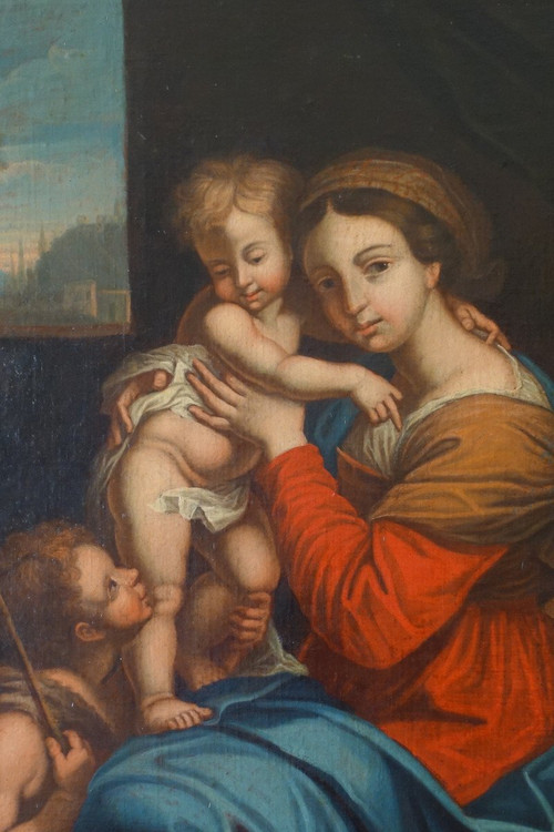 Scuola francese del XVIII secolo - Vergine in cattedra con il Bambino Gesù secondo Raffaello 89x101 cm