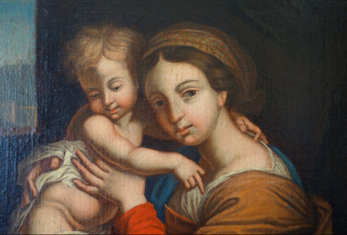 Scuola francese del XVIII secolo - Vergine in cattedra con il Bambino Gesù secondo Raffaello 89x101 cm